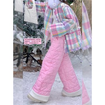 林初美粉色棉褲女冬季韓系高腰直筒寬松闊腿外穿加絨加厚保暖褲子