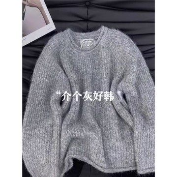正版加厚！高級感圓領針織衫上衣女秋冬季寬松慵懶軟糯套頭毛衣女