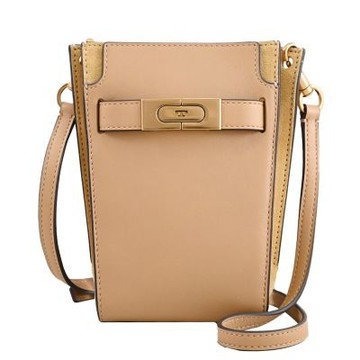 TORY BURCH 金屬T釦絨面皮革斜背小包/手機包(淺咖)