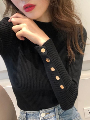 黑色半高領打底衫女秋冬內搭洋氣修身毛衣緊身針織上衣設計感小眾