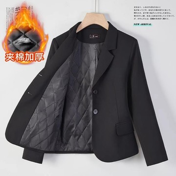 女生冬天西裝外套 西裝外套 小西裝 保暖外套 女裝 黑色夾棉西裝外套女加厚2024小個子休閒短款加棉西服 冬天外套 西服