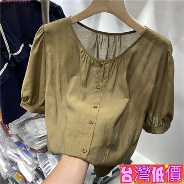 悅裳💎台灣免運💎【3632人好評】歐貨設計感寬鬆泡泡袖小衫女裝夏季新款單排扣短袖襯衫薄款上衣潮韓風女裝設