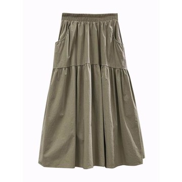 韓版復古拼接半身裙女春季松緊腰裙子高腰顯瘦中長款工裝傘裙47F