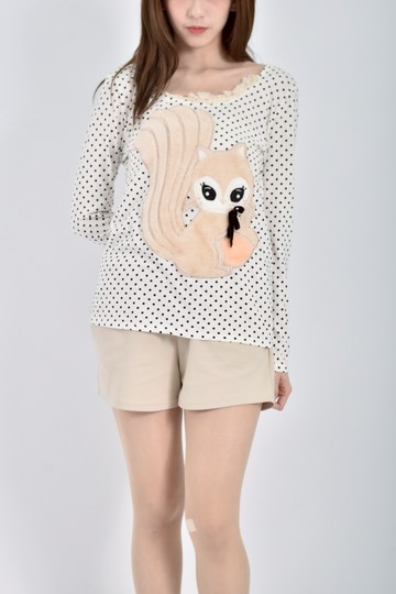 加購優惠(S) salad棉質純棉點點毛毛松鼠白色長袖上衣