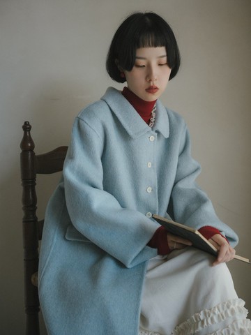 古典藍 羊毛大衣 冬季通勤時尚保暖長款翻領外套