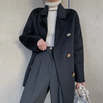 羊毛大衣毛呢外套-中長款水波紋雙面呢西裝領女外套4色74bi85【獨家進口】【米蘭精品】