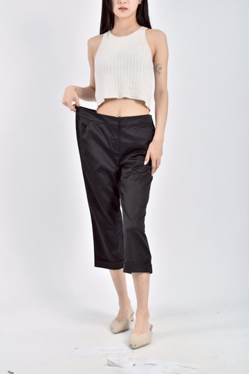 (XL) le polka質感棉質低腰七分黑色長褲