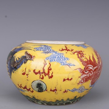 清康熙黃地粉彩龍鳳紋水洗仿古老貨瓷器家居中式文房擺件古玩收藏1入