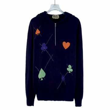 (L) hermes質感撲克牌連帽藍色長袖上衣