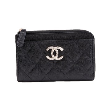 CHANEL 雙C大LOGO菱格紋L型拉鍊零錢卡片包(黑色)