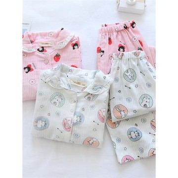 甜美草莓女童春夏薄款純棉雙層紗布睡衣套長袖女孩空調服家居服