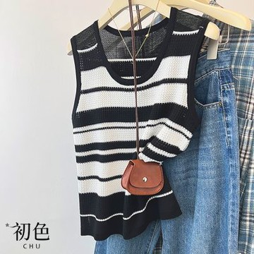 初色 休閒簡約薄款透氣撞色條紋鏤空圓領無袖吊帶針織背心女背心-共2色-14839(F可選)