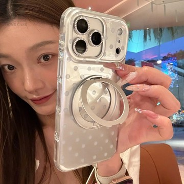韓系銀色波點360支架防摔殼 適用iPhone 17 16 15 14 Pro Max i15 i16 17Pro手機殼