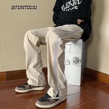 機能高街休閑褲子男春秋潮牌設計感拉鏈直筒褲美式速干運動沖鋒褲