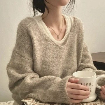🍂秋冬上新 韓系慵懶ins寬松百搭毛衣 休閒保暖針織衫 韓國ins春秋簡約慵懶風內搭疊穿針織背心+軟糯寬鬆長袖毛衣兩件