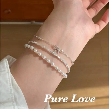 Pure Love樂芙 / 正韓 銀飾【S925純銀】B0838簡約通體純銀手鍊麻花蝴蝶結十字鋯石手鏈 / 銀