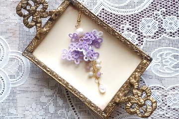 紫藤花串・蕾絲小花與水滴珠耳環