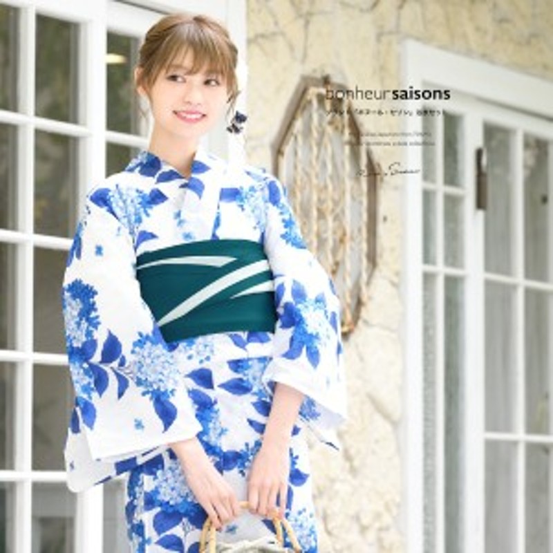 浴衣セット レディース レトロ 作り帯 浴衣セット 大人 3点セット 白 ホワイト 青 緑 紫陽花 あじさい 綿 女性 ボヌールセゾン S フリー 通販 Lineポイント最大1 0 Get Lineショッピング