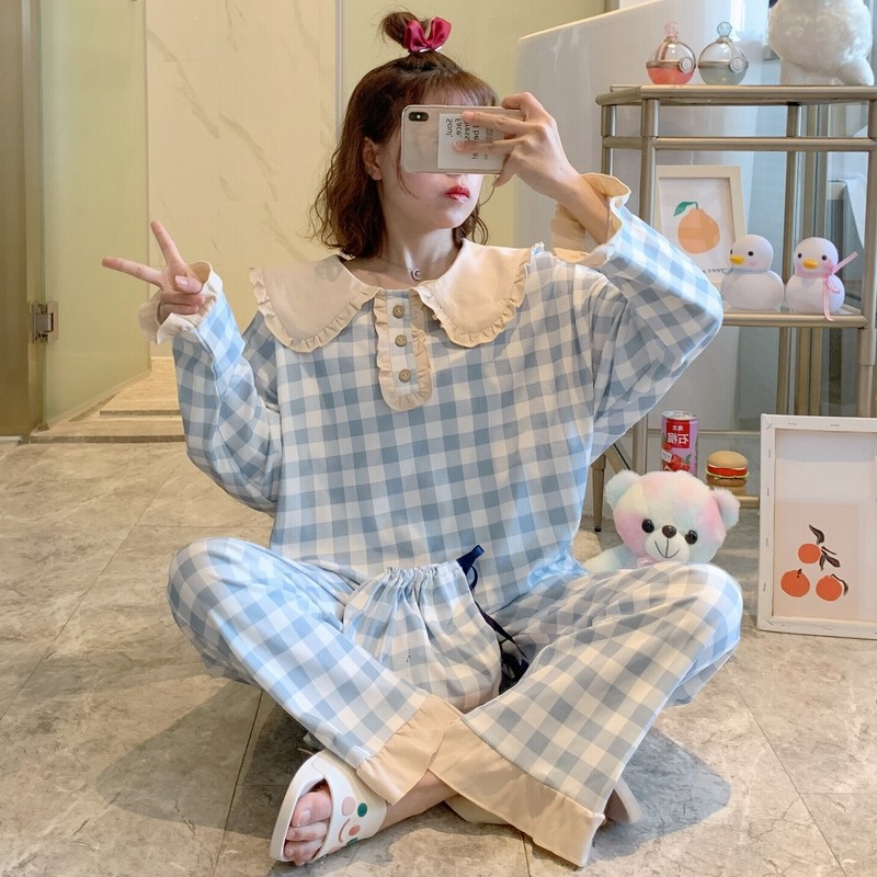 日系かわいい学院風格子ゆるいパジャマ女子春秋学生長袖純綿韓国版ホームウェア 5色 通販 Lineポイント最大1 0 Get Lineショッピング