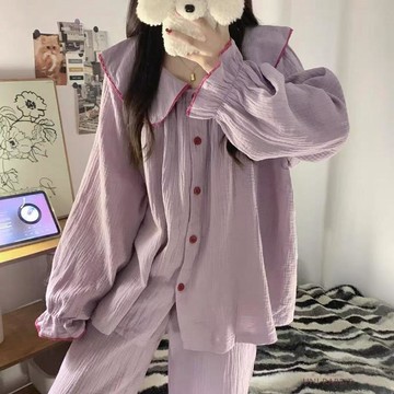 【臺灣出貨】ins風紫色睡衣女春秋新款可愛娃娃領甜美公主風長袖家居服兩件套長袖睡衣女生睡衣居家睡衣大碼睡衣韓國居家服女睡