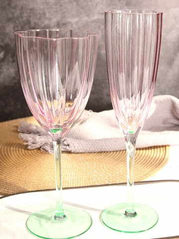 漸變ins小玻璃杯眾歐式中古花瓣豎紋高腳玻璃杯拼色香檳紅酒杯子