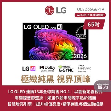 LG樂金 65吋 OLED evo AI 4K 智慧顯示器 OLED65G6PTA