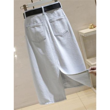 淺藍色牛仔半身裙女2025年夏季新款高腰顯瘦開叉中長款A字裙過膝
