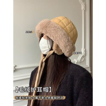 大臉護耳漁夫帽女秋冬季顯臉小加絨加厚保暖毛絨盆帽騎車防風帽子