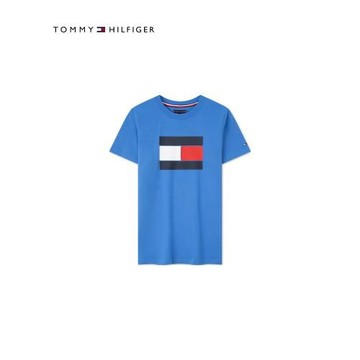(免運)Tommy春夏童裝男純棉休閑運動簡約旗標色塊印花圓領短袖上衣T恤