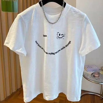 純棉刺繡T恤 上衣 T恤衫 短袖衫 刺繡純棉特大碼笑臉字母刺繡短袖T恤女夏款寬鬆半袖衫 女裝