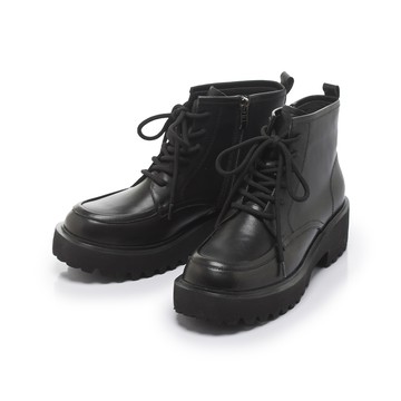 小時光 潮流方頭綁帶鋸齒厚底短靴 黑 (7B3101)