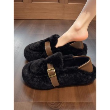 小香風水貂絨毛毛鞋女冬季外穿歐貨加絨雪地靴軟底一腳蹬豆豆棉鞋