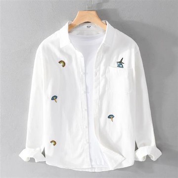 【米蘭精品】襯衫長袖上衣-時尚刺繡百搭純棉男裝2色74jt29