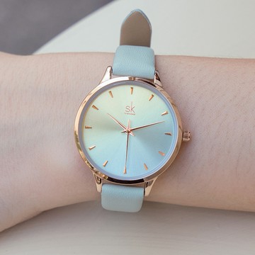 SHENGKE光耀之際簡約都會炫光錶面真皮手錶【WSK9018】-漸層黃藍面水藍帶