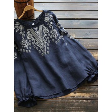 刺繡棉麻T恤長袖木耳邊襯衫設計感大碼女裝外貿減齡圓領文藝上衣