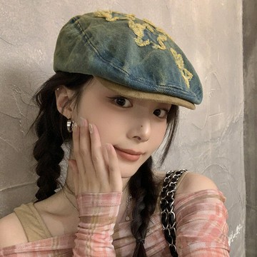 韓國小眾設計水泥黃做舊星星牛仔前進帽女2024春夏新款復古貝雷帽