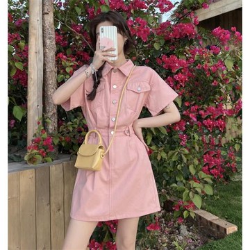 牛仔連衣裙女夏季2023新款復古港味可鹽可甜polo領收腰短袖短裙子