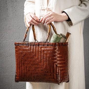 手提復古竹編包 手工竹編竹籃日式收納筐 中國風手提包茶具收納包