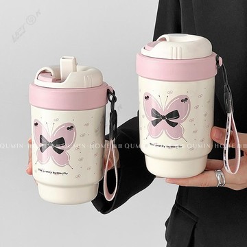 【Upton百貨】趣皿高顏值保溫杯女生吸管杯可愛咖啡杯子便攜小巧水杯一蓋雙飲杯
