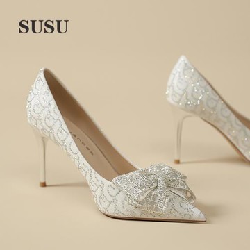 蝴蝶結白色高跟鞋女2025春季新款宴會氣質名媛高級感晚會禮服單鞋