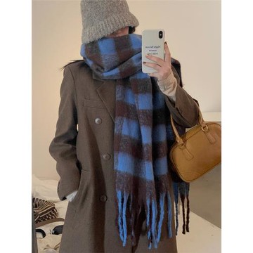 加長格子圍巾女生冬季2024新款保暖加厚圍脖學生披肩兩用韓版藍色