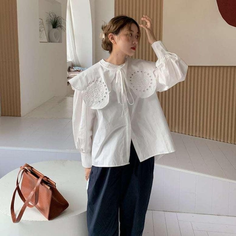 2color ビッグカラーブラウス 刺繍襟付きシャツ 前開き 長袖 ボリューム袖 リボン 刺繍 衿付き 紺 クラシック ボタニカル ボヘミアン 2color ビッグカラーブラウス 刺繍襟付きシャツ 前開き 長袖