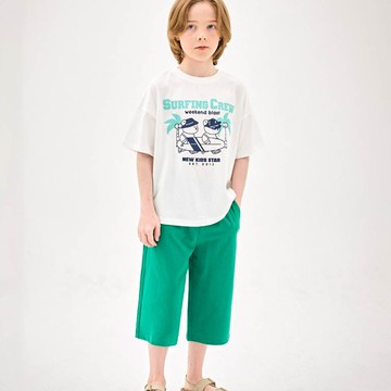 韓國 Jelispoon - 週末衝浪趣短袖上衣X七分褲套裝-白X綠