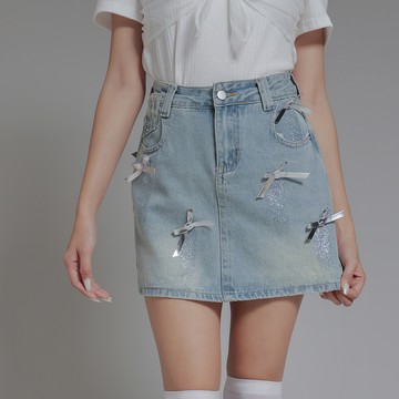 銀色蝴蝶結牛仔短裙-藍 【KT21805】