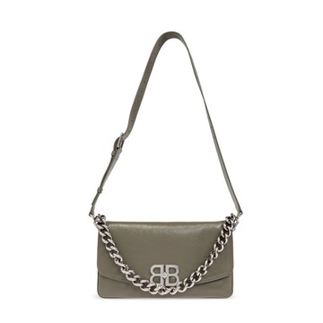 Balenciaga 748596 中款 BB Flap Soft 翻蓋雙肩帶包 灰色/銀釦