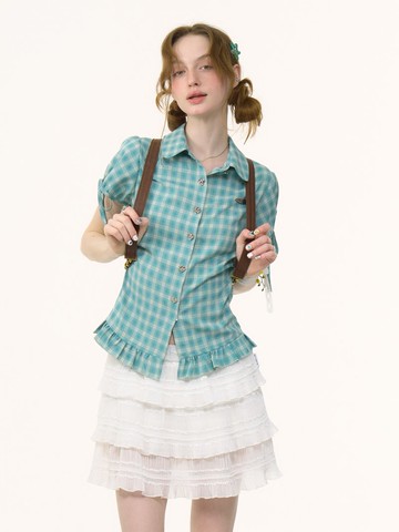 ziziFei夏季修身顯瘦設計感上衣娃娃領蝴蝶結藍綠格子短袖襯衫女