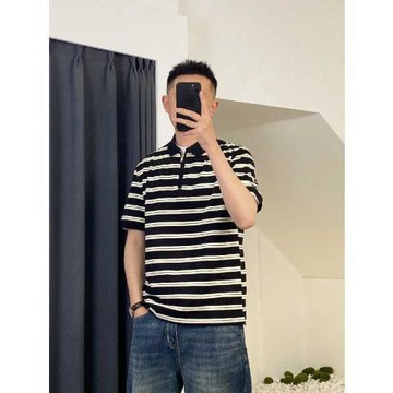 🔥臺灣現貨免運🔥高級感半拉鏈條紋polo衫男短袖t恤夏季潮流半袖體恤男士有領上衣
