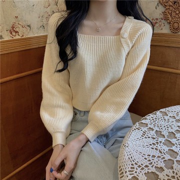 歐洲站早秋新款2021小眾別致上衣方領長袖純欲風軟奶風針織衫毛衣