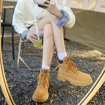 潮牌內增高馬丁靴女2025新款秋冬真皮厚底大頭短靴復古高幫大黃靴