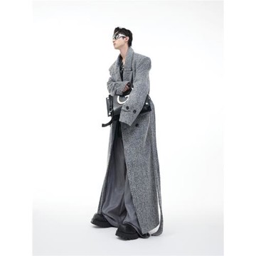 CulturE秋冬小眾毛絨廓形寬肩毛呢大衣重磅寬松綁帶收腰長款風衣